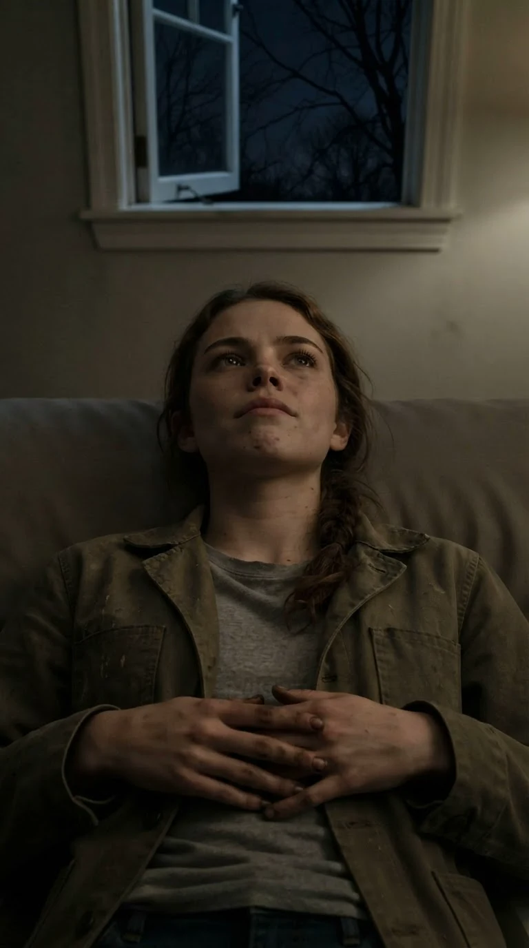 The young woman's hands rest on her stomach as she stares at the ceiling.