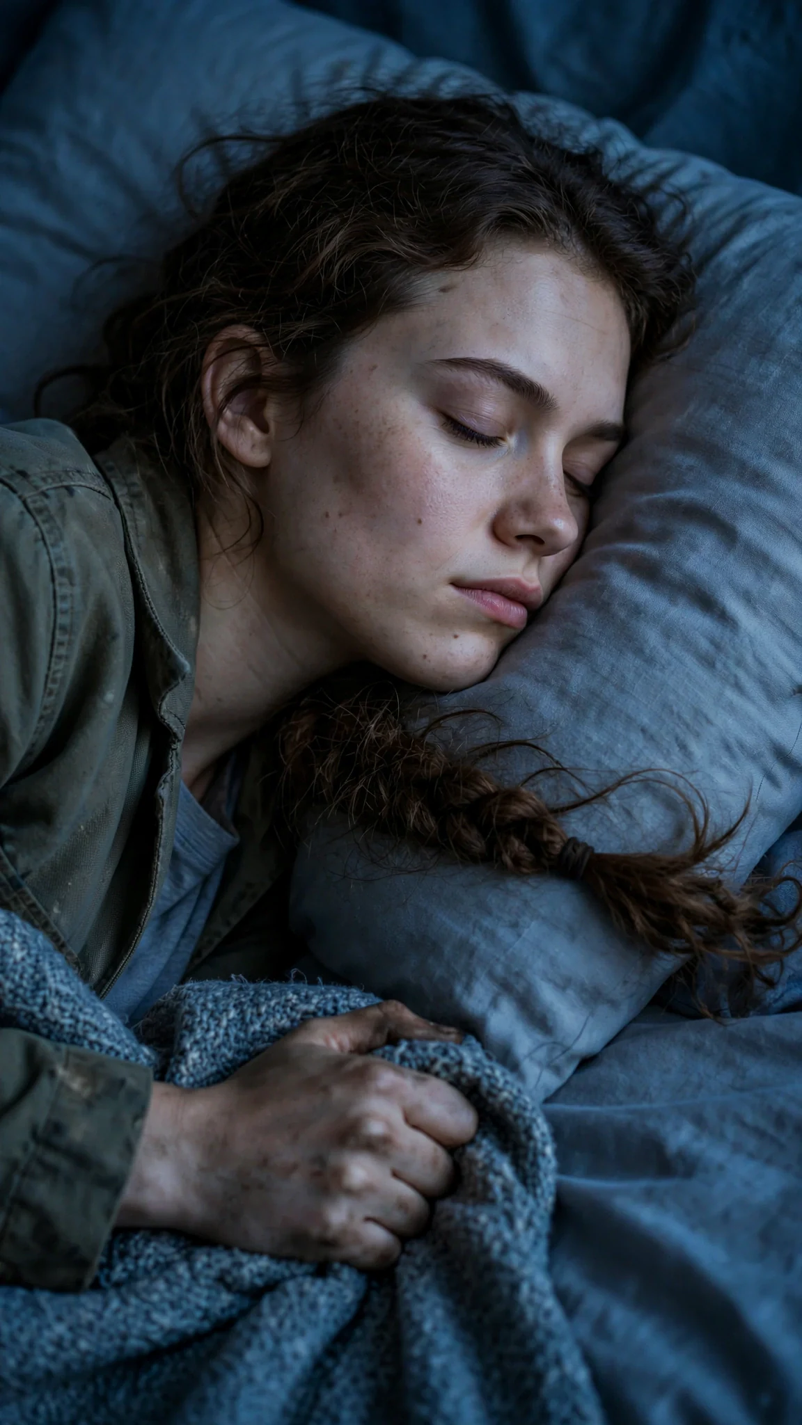 The young woman turns her face into the pillow, eyes squeezed shut.