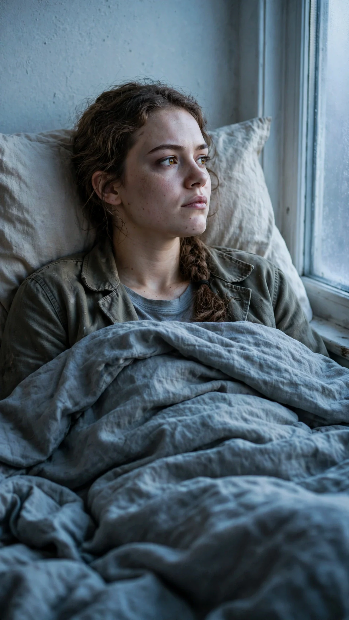 Gray dawn light comes through the window onto the young woman still awake.
