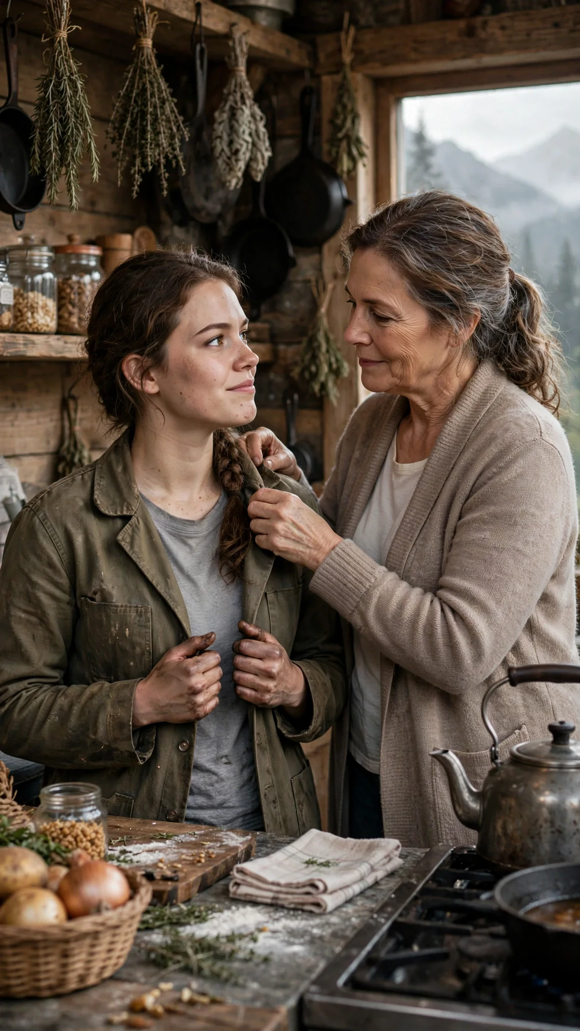 A young woman in a work jacket stands in a kitchen while her mother fusses with her collar.