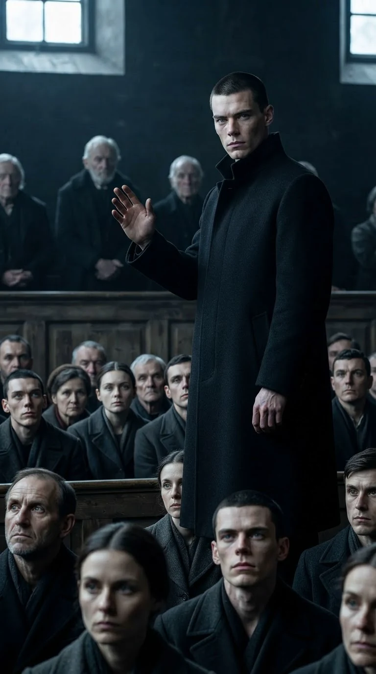 The Alpha's son raises one hand and speaks to a silent hall.