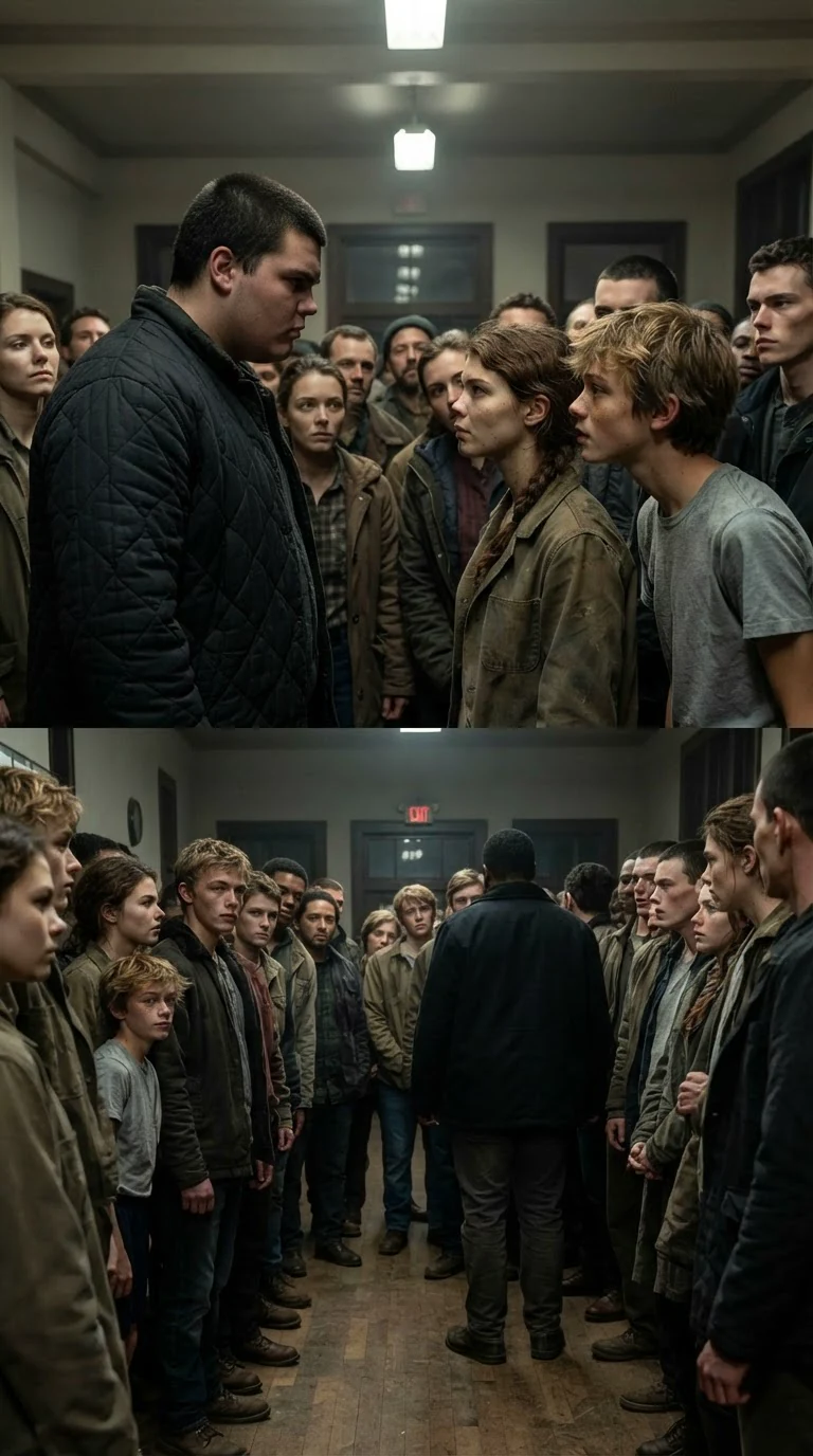 The young man on the platform looks straight at the young woman in the crowd.