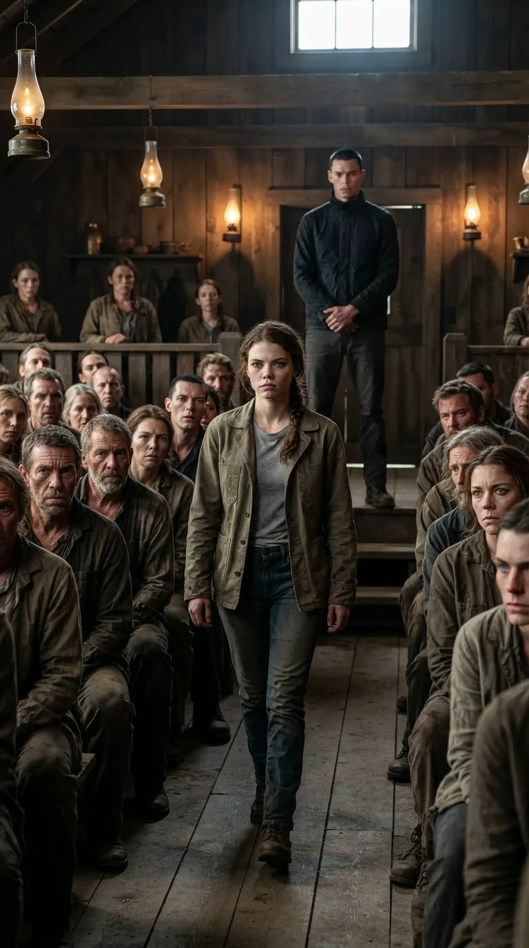 The young woman walks between rows of seated wolves with her chin lifted.