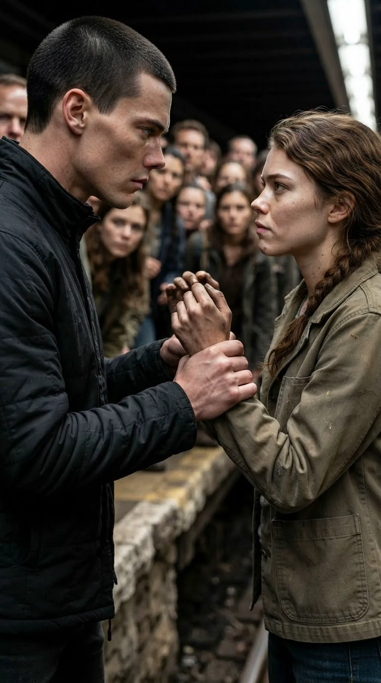 The young man grips the young woman's wrist hard at the front of the platform.