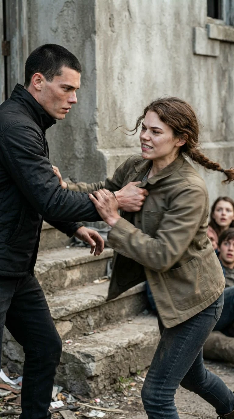The young woman pulls her arm free and the young man shoves her.