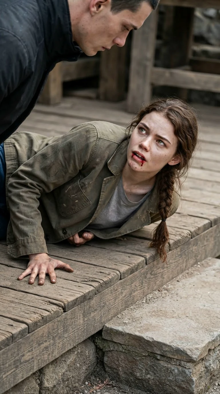The young woman hits the stone step and blood appears on her mouth.