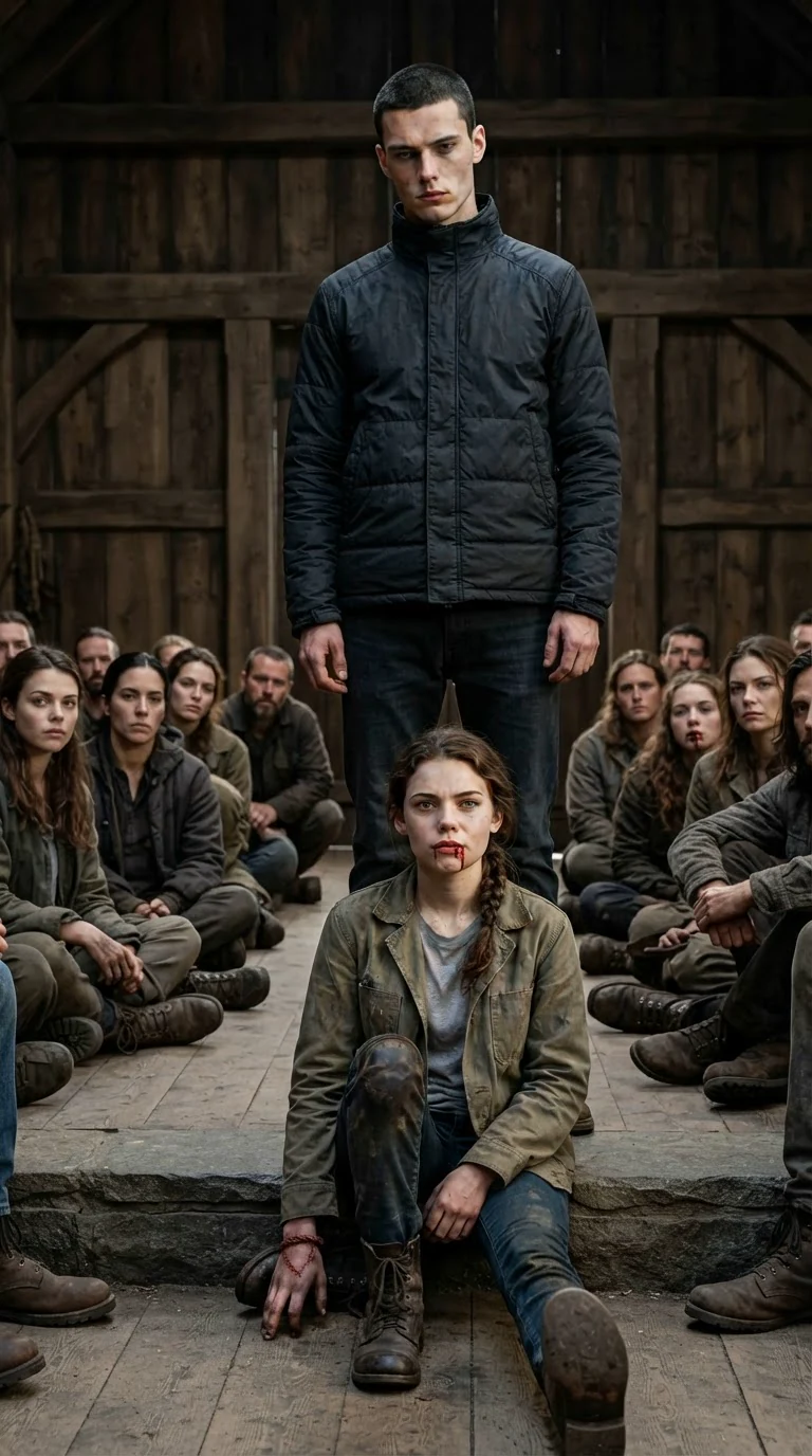 The young man stands over the fallen young woman while the hall watches.