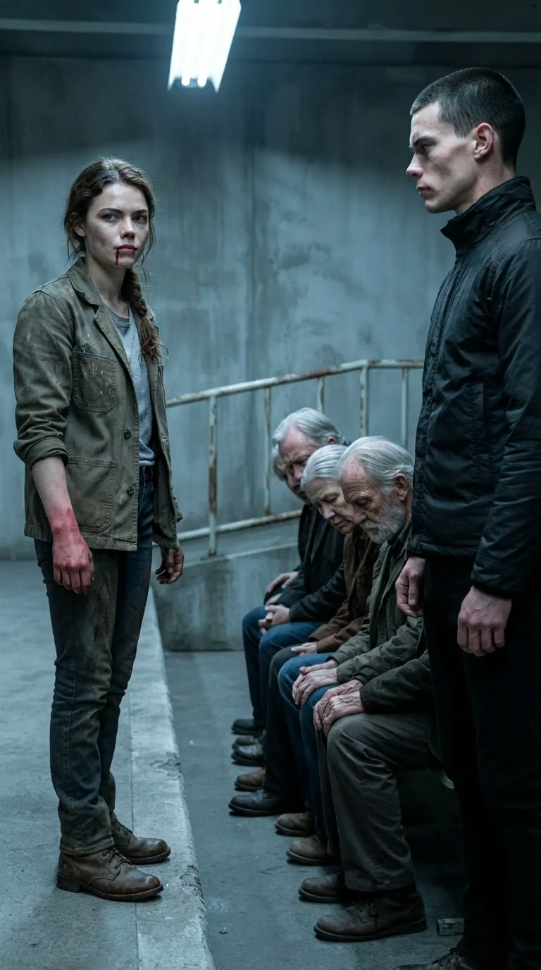 The young woman stands bleeding while the elders behind the young man look away.