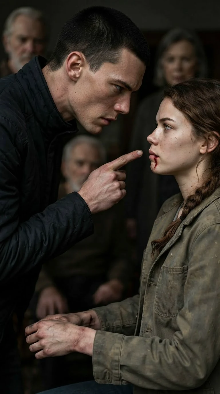 The young man threatens the bleeding young woman face to face.