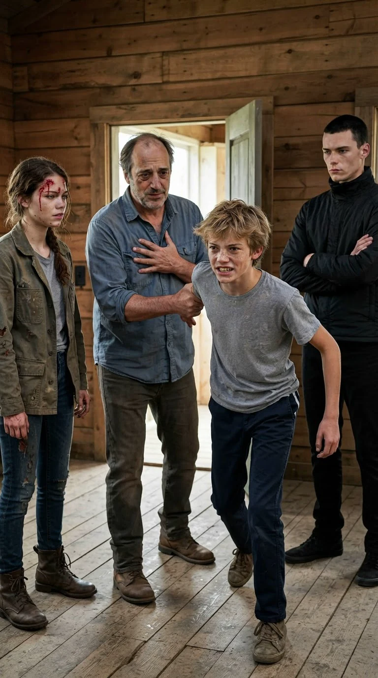 The young woman's brother steps forward angrily while her father holds him back.