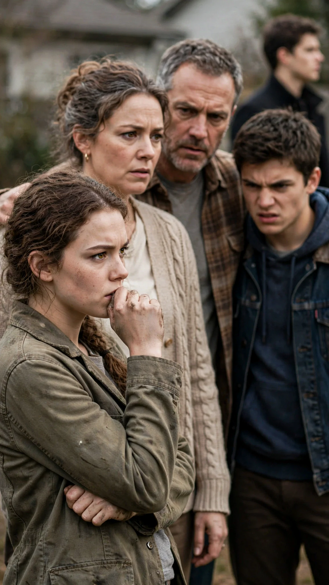 The bleeding young woman looks at her family and turns away from the platform.