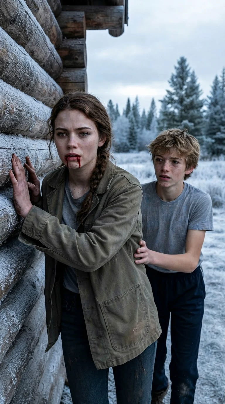 The young woman leans against the outside wall of the hall, her brother following.