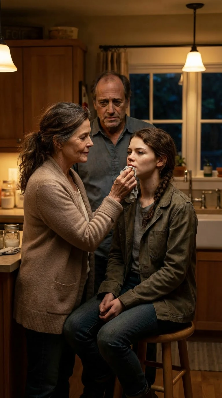 The young woman's mother dabs her split lip in a warm kitchen.