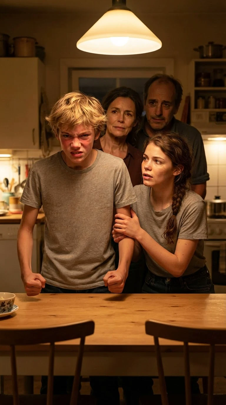 The young woman stops her angry brother at the kitchen table.