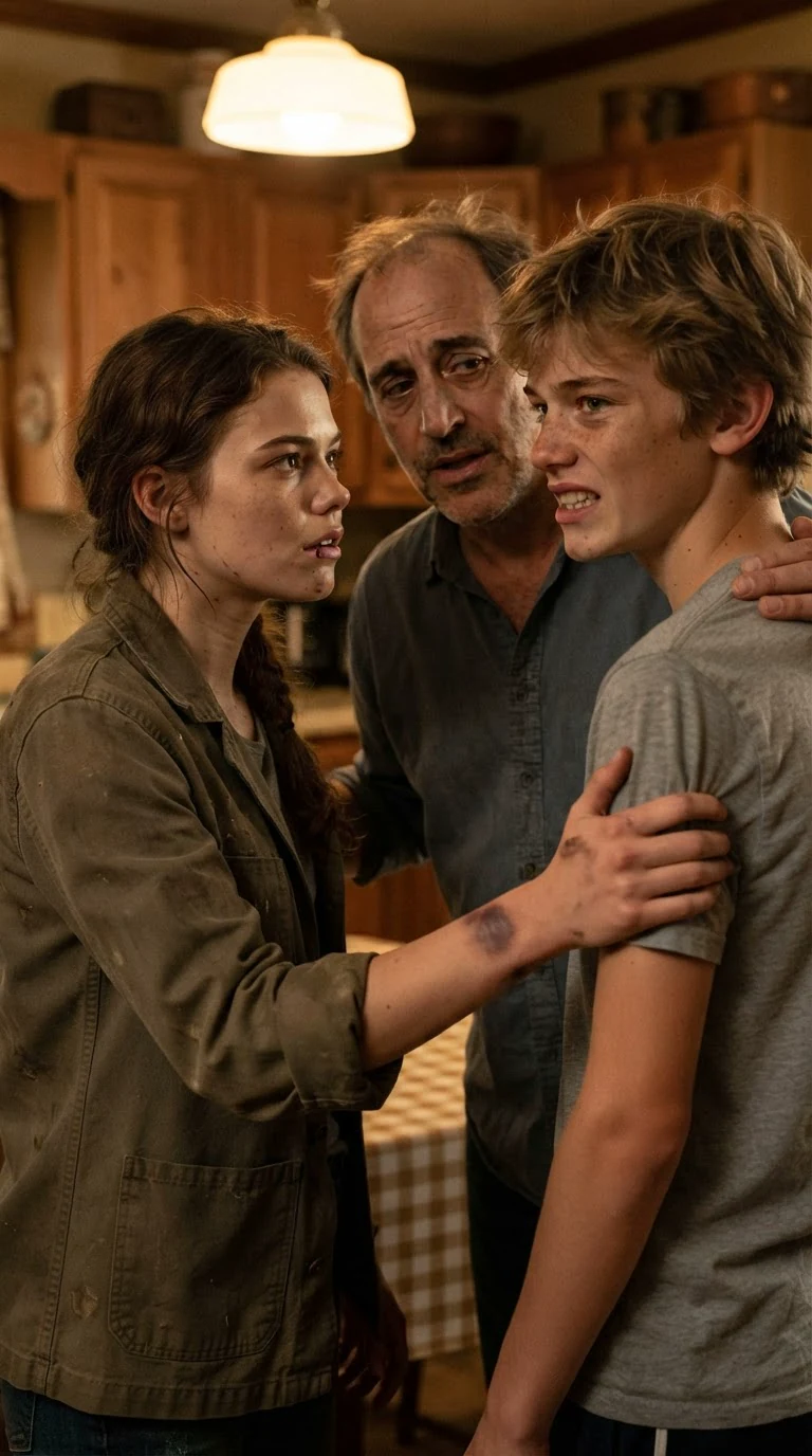 The young woman speaks quietly to her brother while her father looks on.