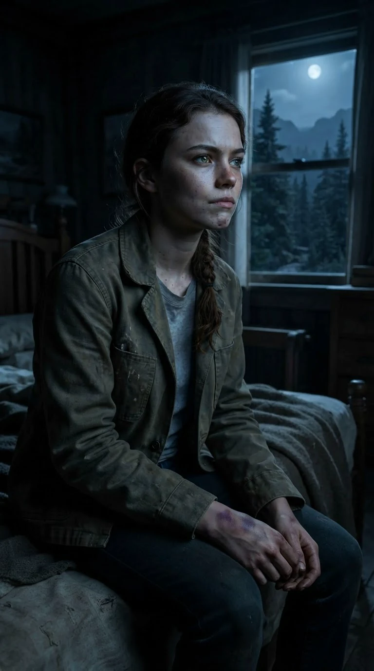 The young woman sits alone in a dark bedroom, looking out at the mountain.