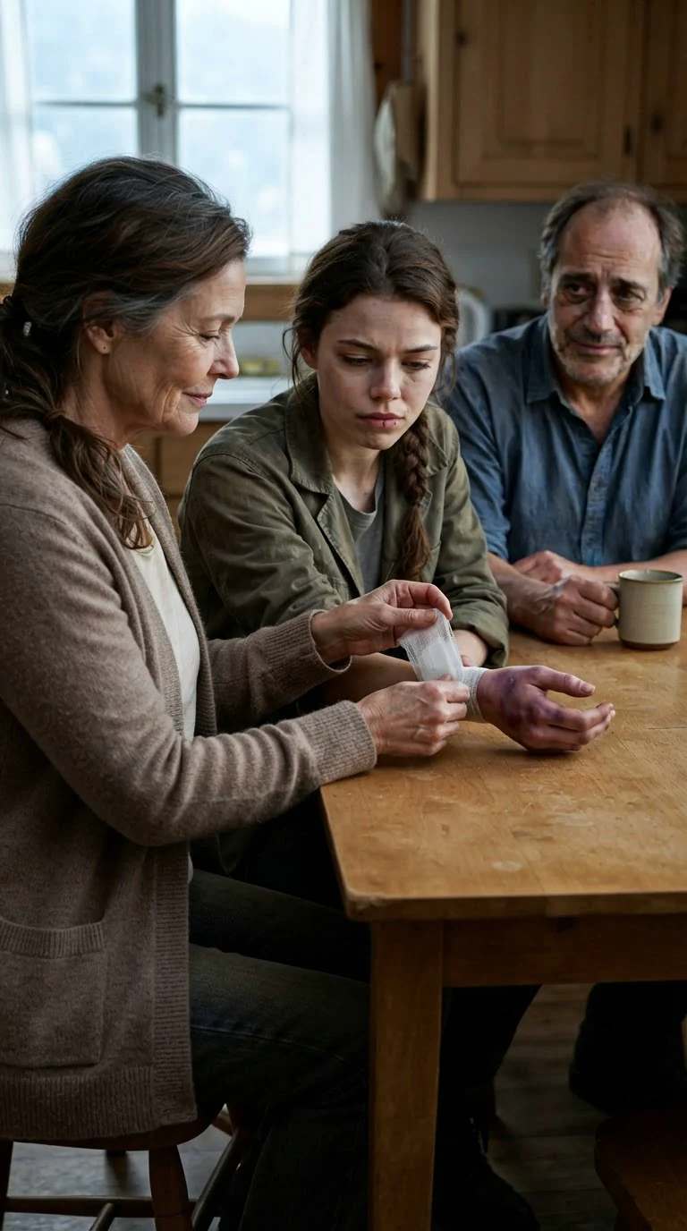 A mother wraps a bandage around her daughter's bruised wrist at the kitchen table while the father sits silent.