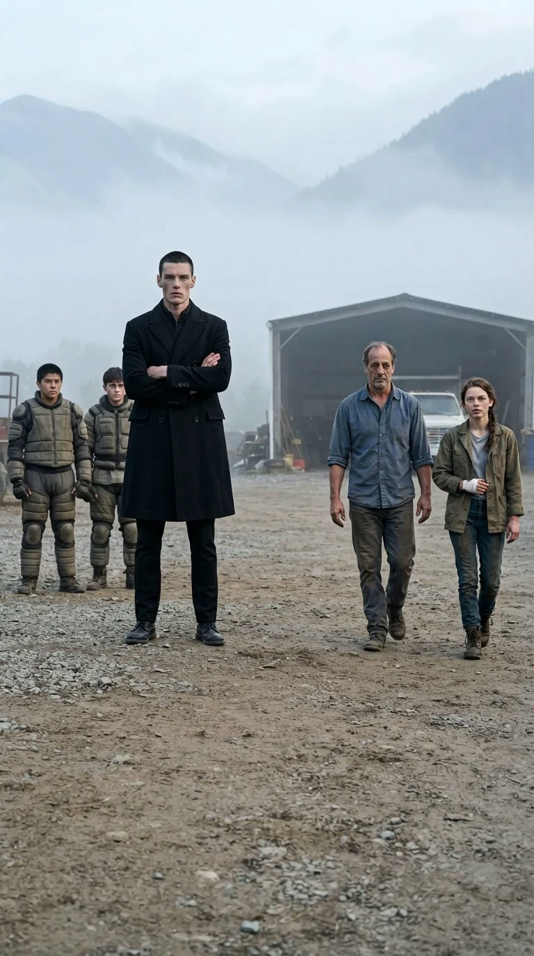 A tall dark-haired man in a dark coat waits by a truck shed while a father and daughter walk toward him.
