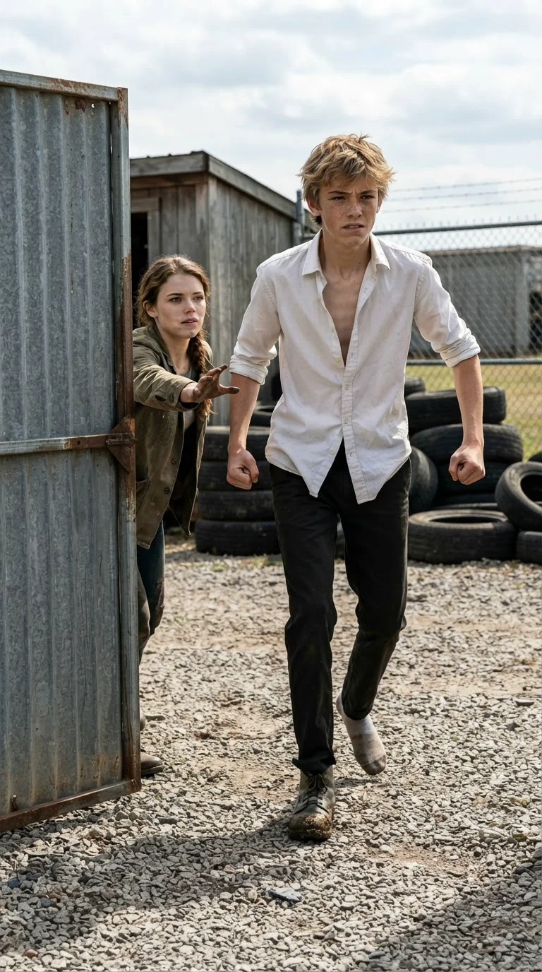 A lanky nineteen-year-old with freckles storms into the yard, shirt half buttoned.