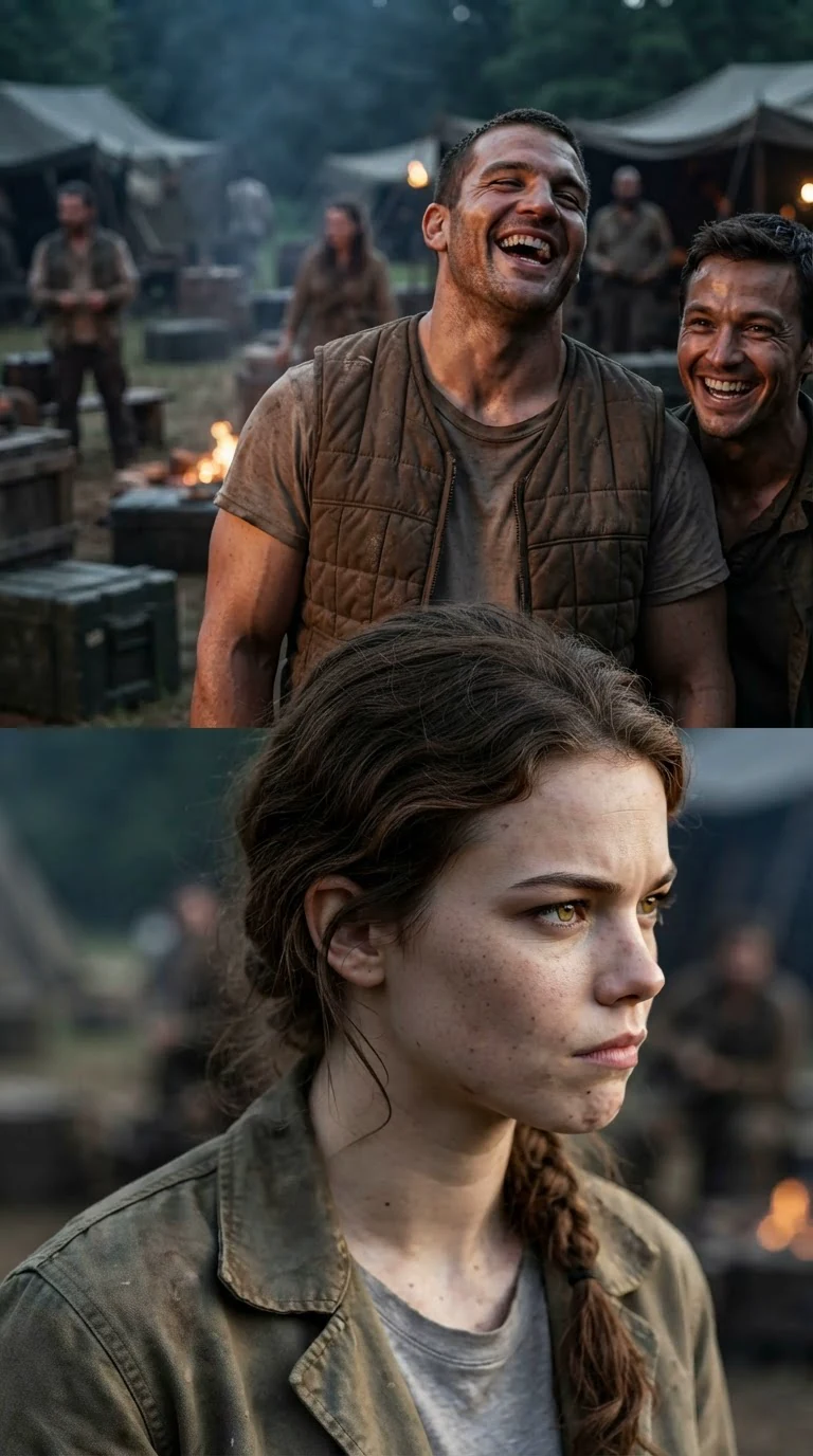 Fighters laugh in the cold yard while a young woman in a canvas jacket stands straight.