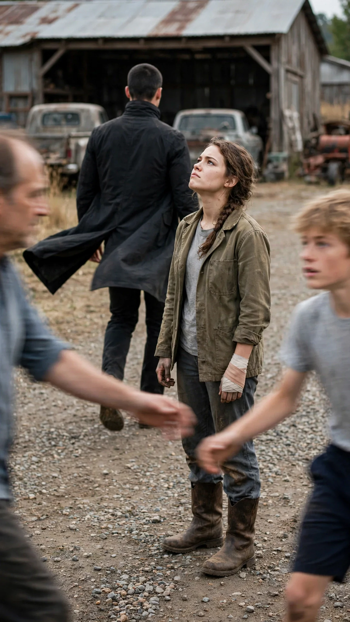 The Alpha's son turns his back on a young woman standing alone in the gravel yard.