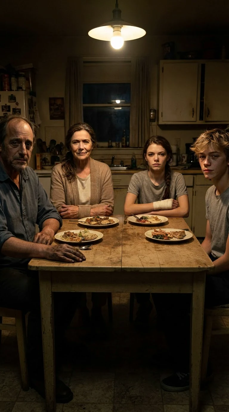 Four untouched plates on a kitchen table at night, the family sitting in silence.