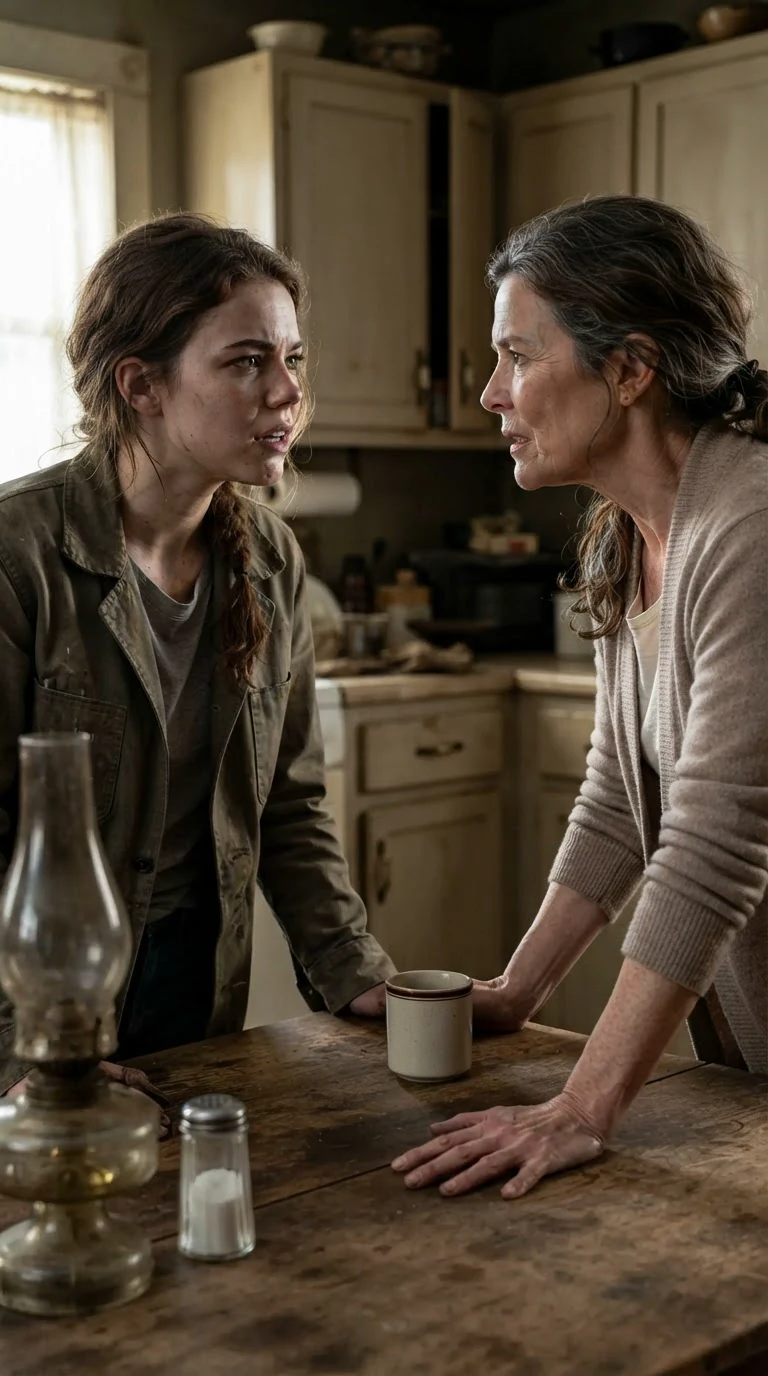 A young woman speaks at the table and her mother turns on her sharply.
