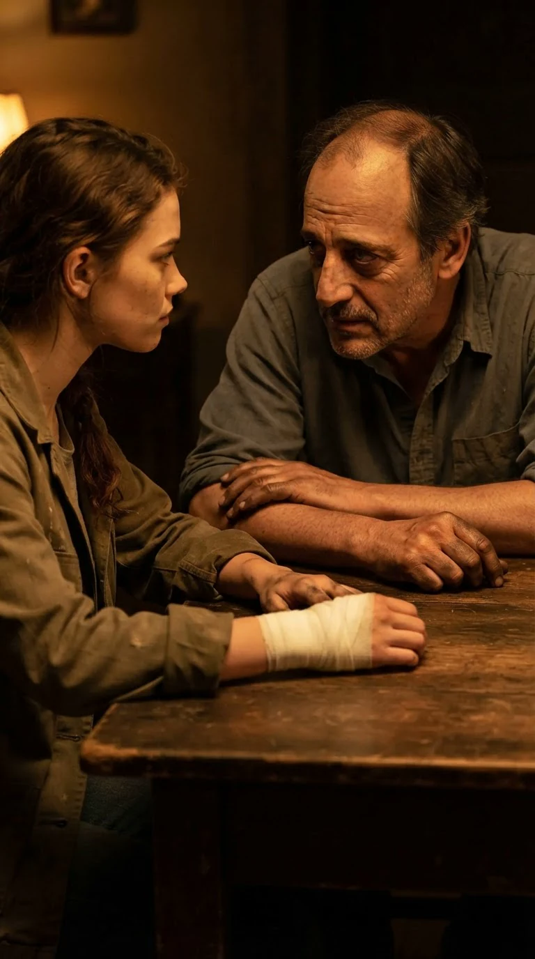 A father with dirty hands leans across the table toward his daughter.