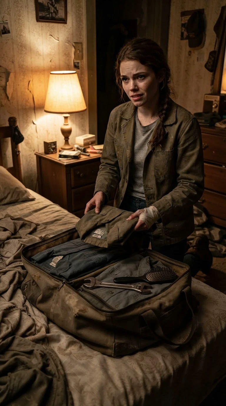 A duffel bag open on a bed in a dark bedroom, a young woman's hands folding clothes.