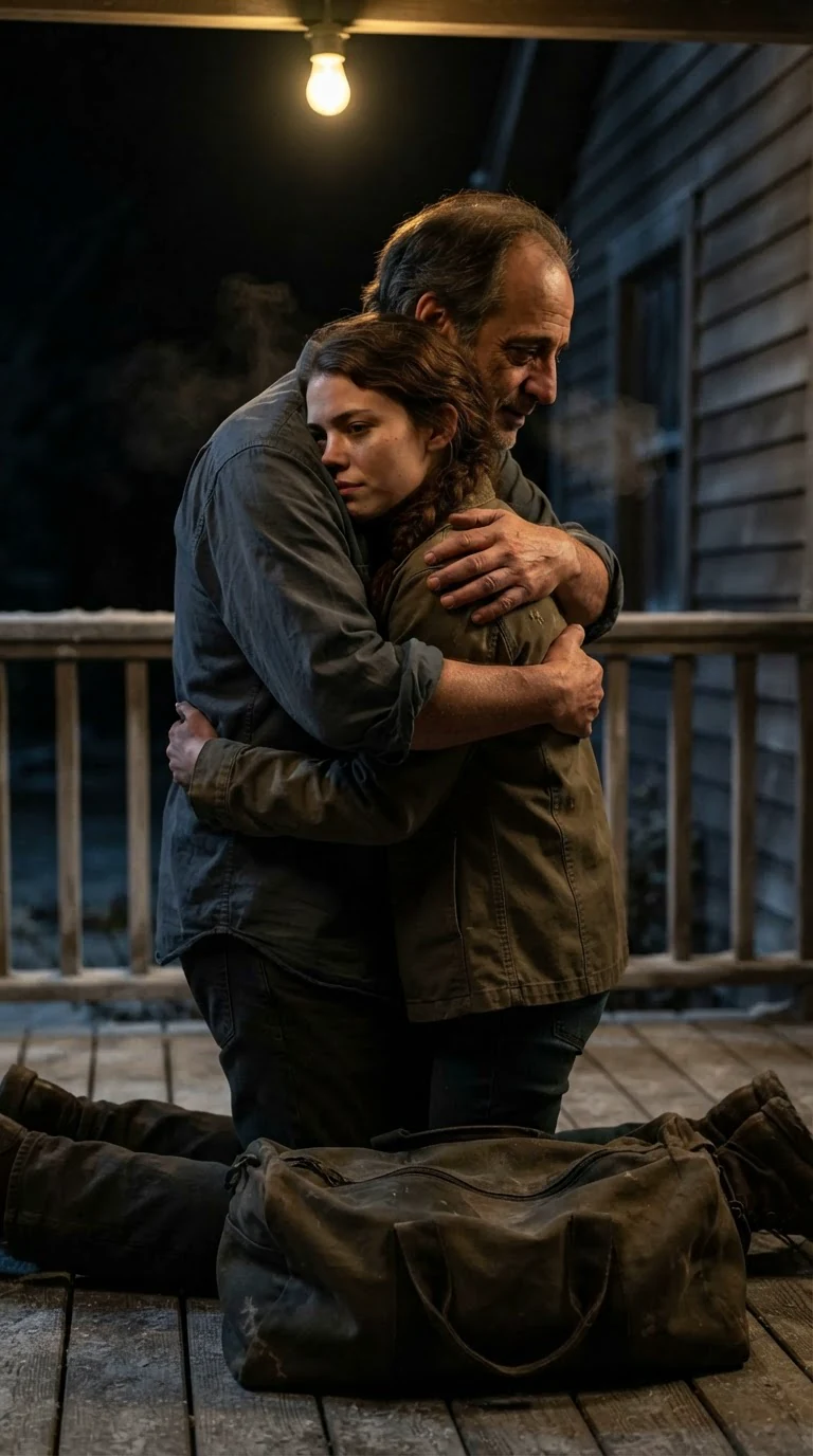 A father hugs his daughter hard on a cold porch at night.
