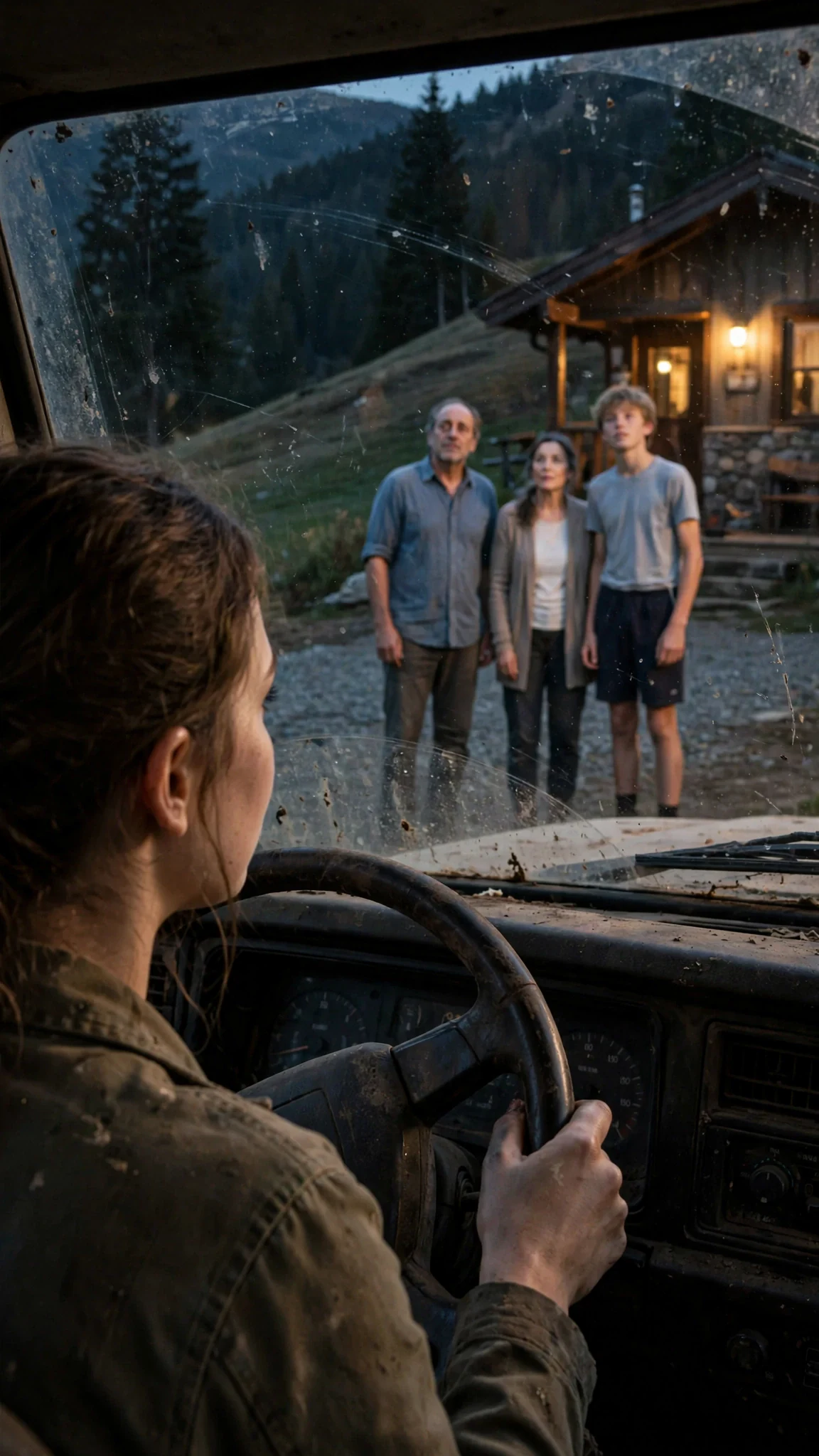 Three people stand in the yard light watching an old truck drive away.