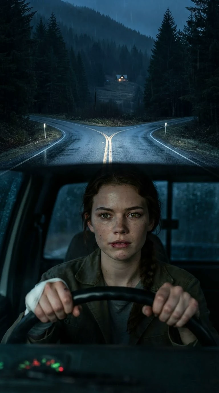 A lonely fork in a mountain road at night, headlights on the wet asphalt.