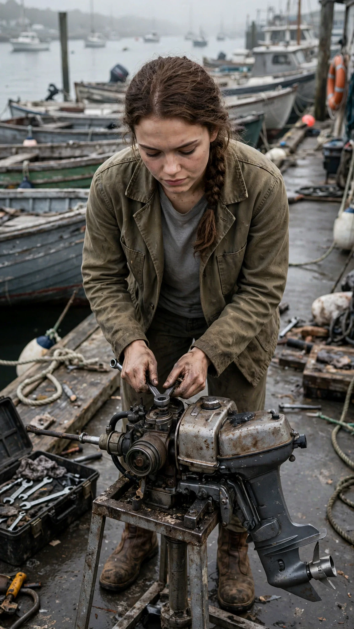 A small wiry young woman in a canvas jacket works on a boat engine in a harbor yard at morning.