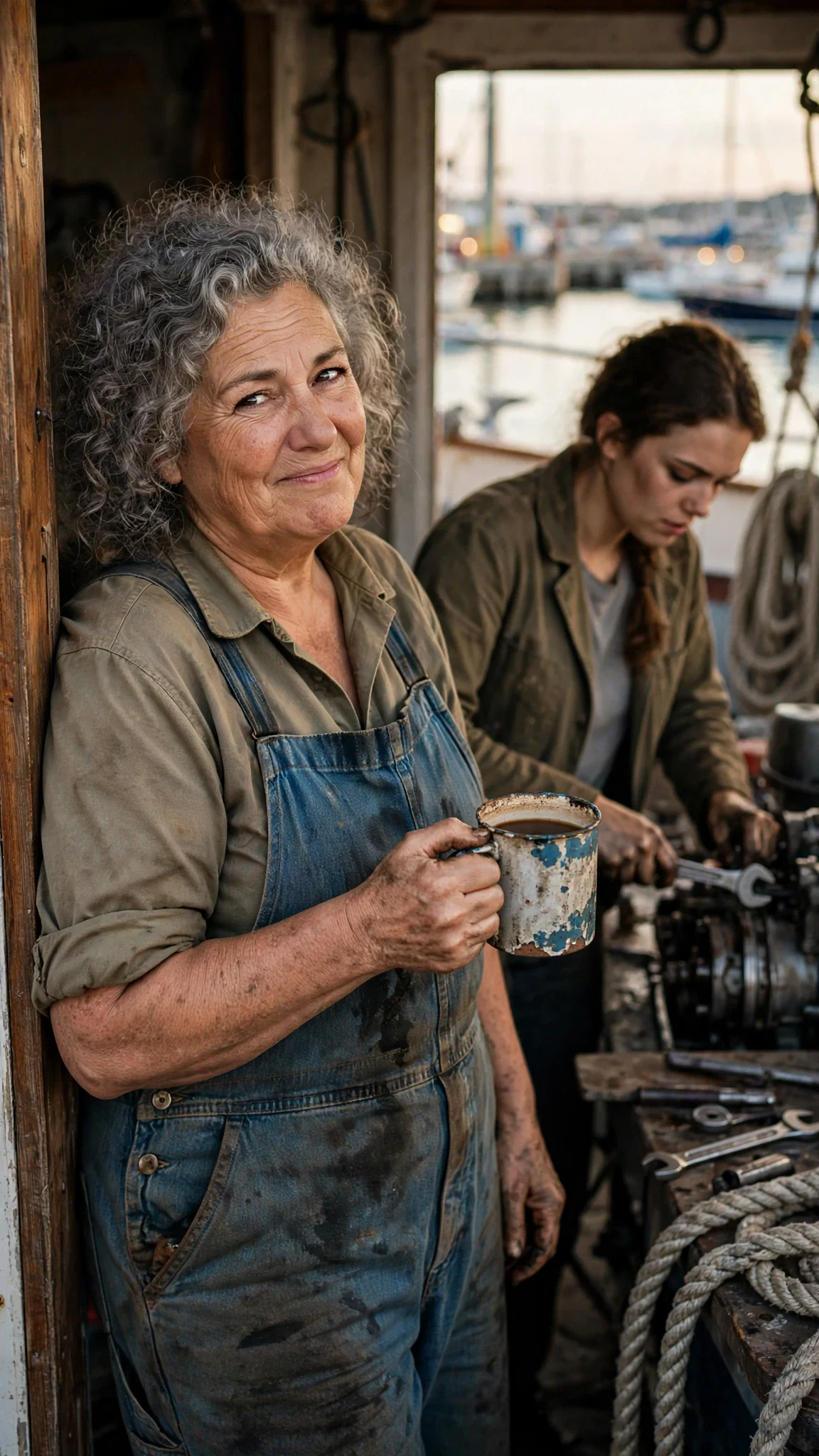A broad sun-weathered woman in oil-stained overalls leans in a doorway with a mug.