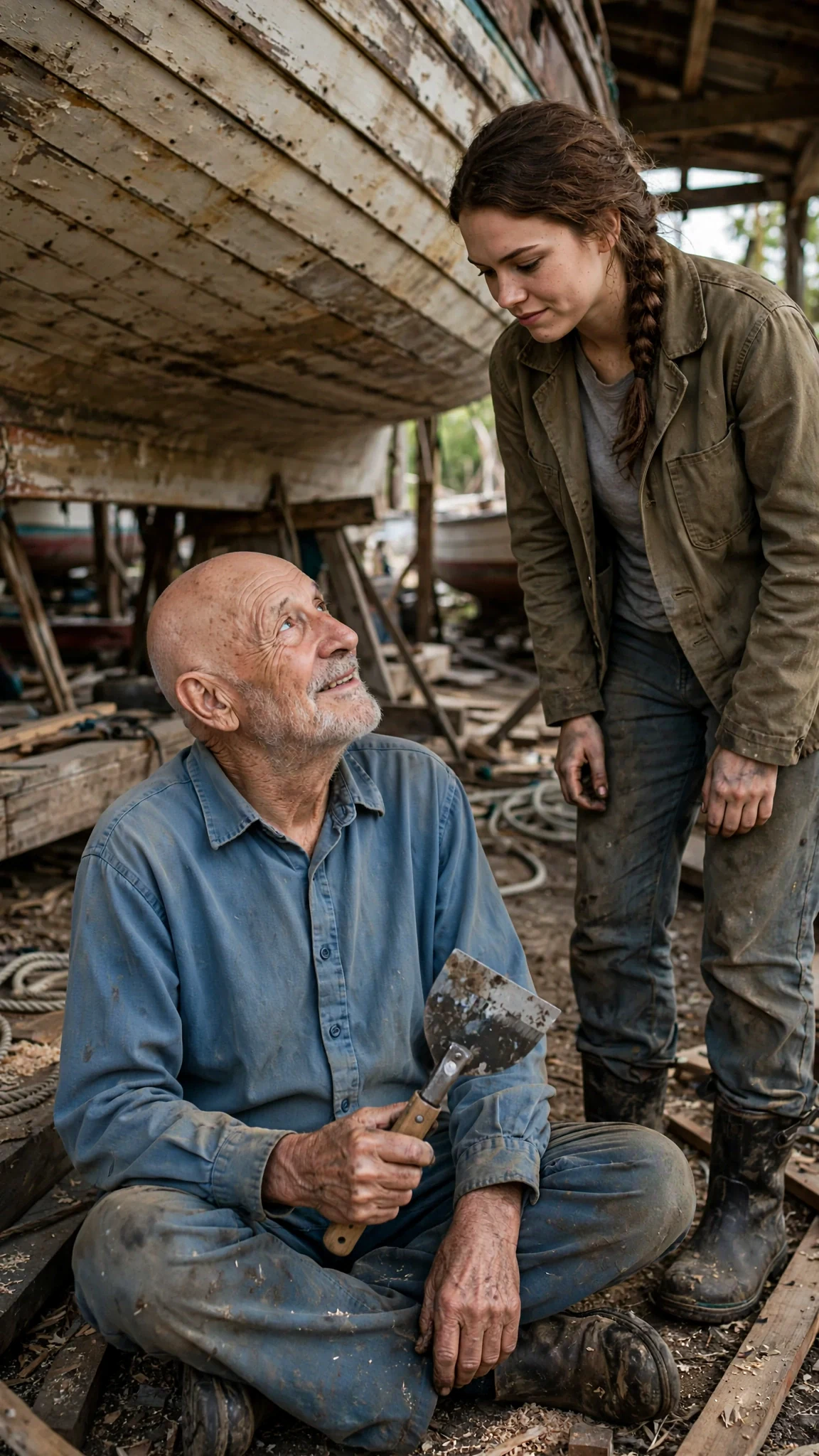 A thin older man with a gray beard sits under a hull with a tool in his hand.