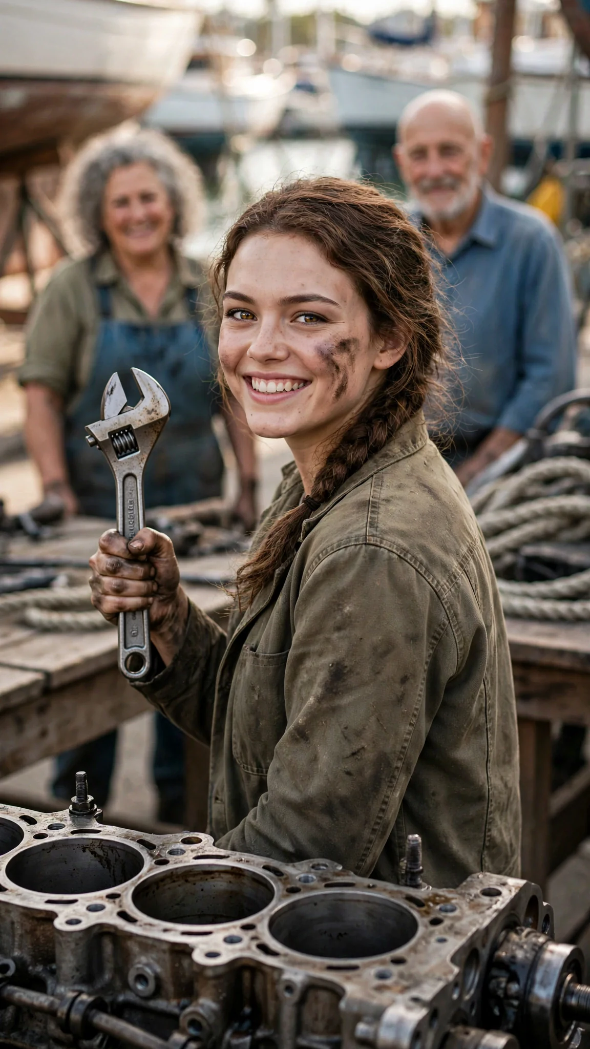 The young mechanic grinning over her shoulder with a wrench in her hand.