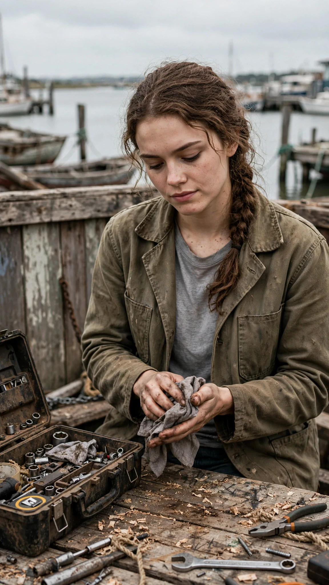 The mechanic alone at a workbench wiping her hands with a rag.