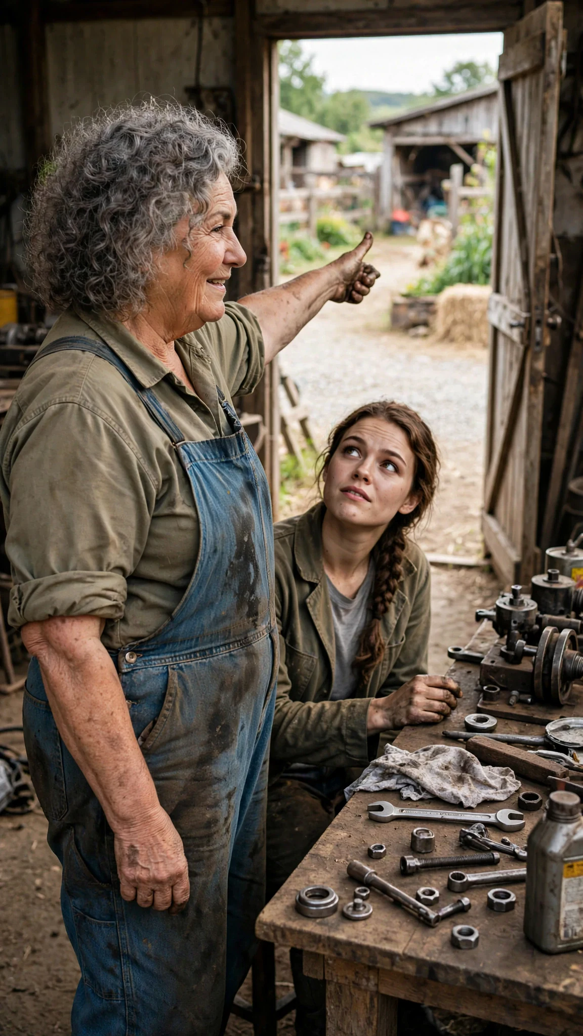 The older woman points with her thumb toward the yard gate.