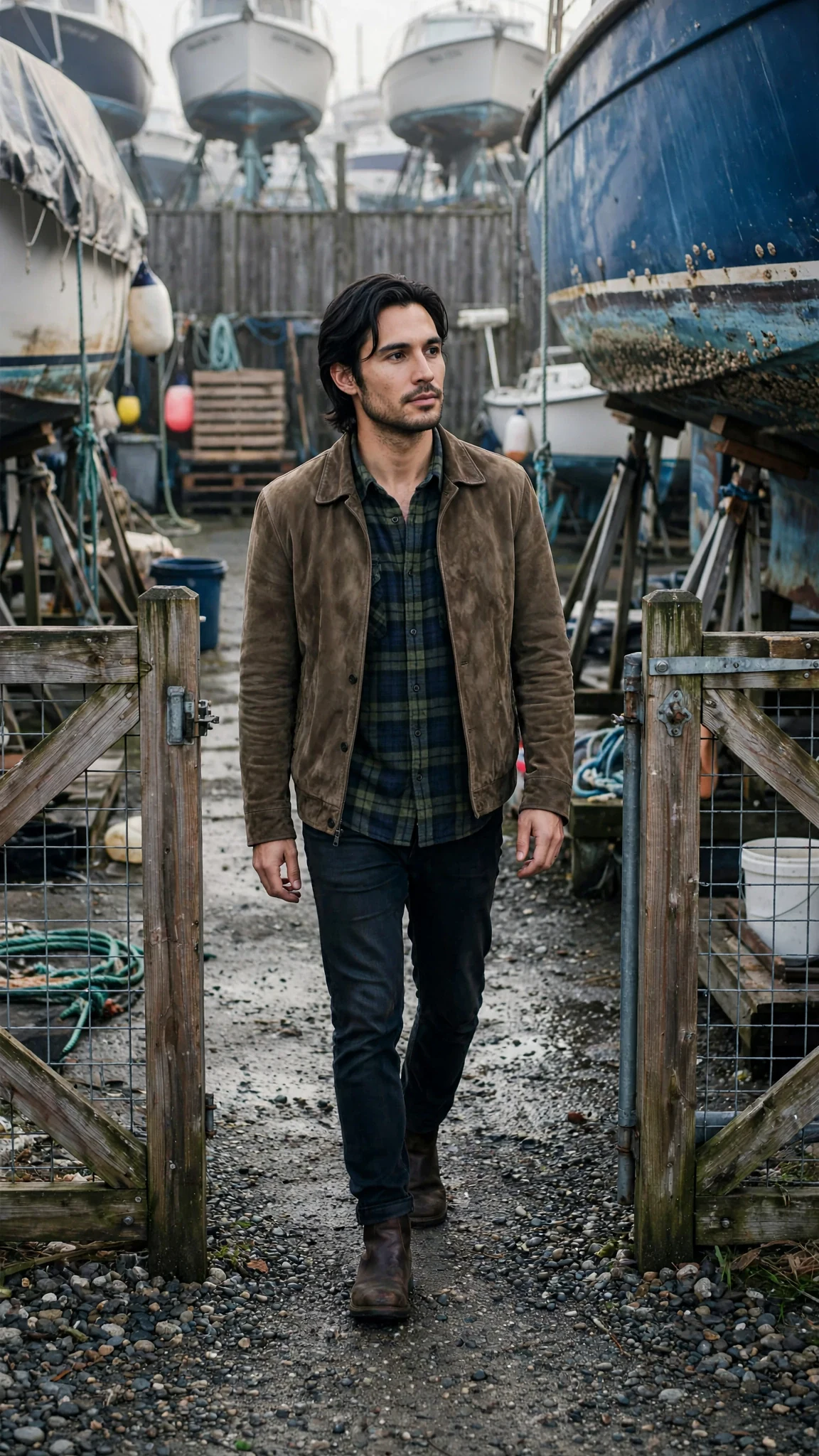 A tall lean man in a flannel shirt and worn suede jacket walks through the boatyard gate.