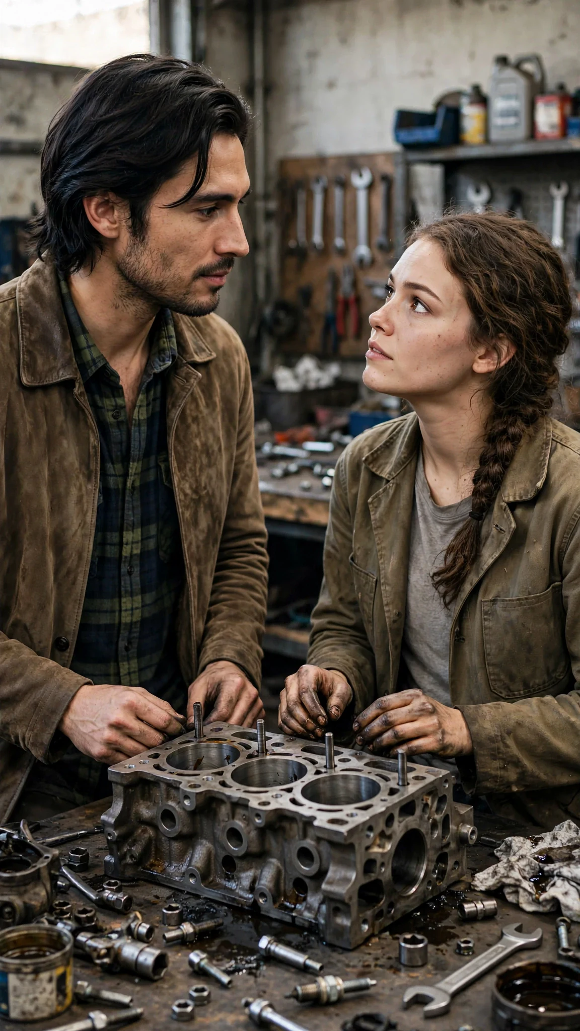 The tall man stands close to the small mechanic at her workbench, both facing each other.
