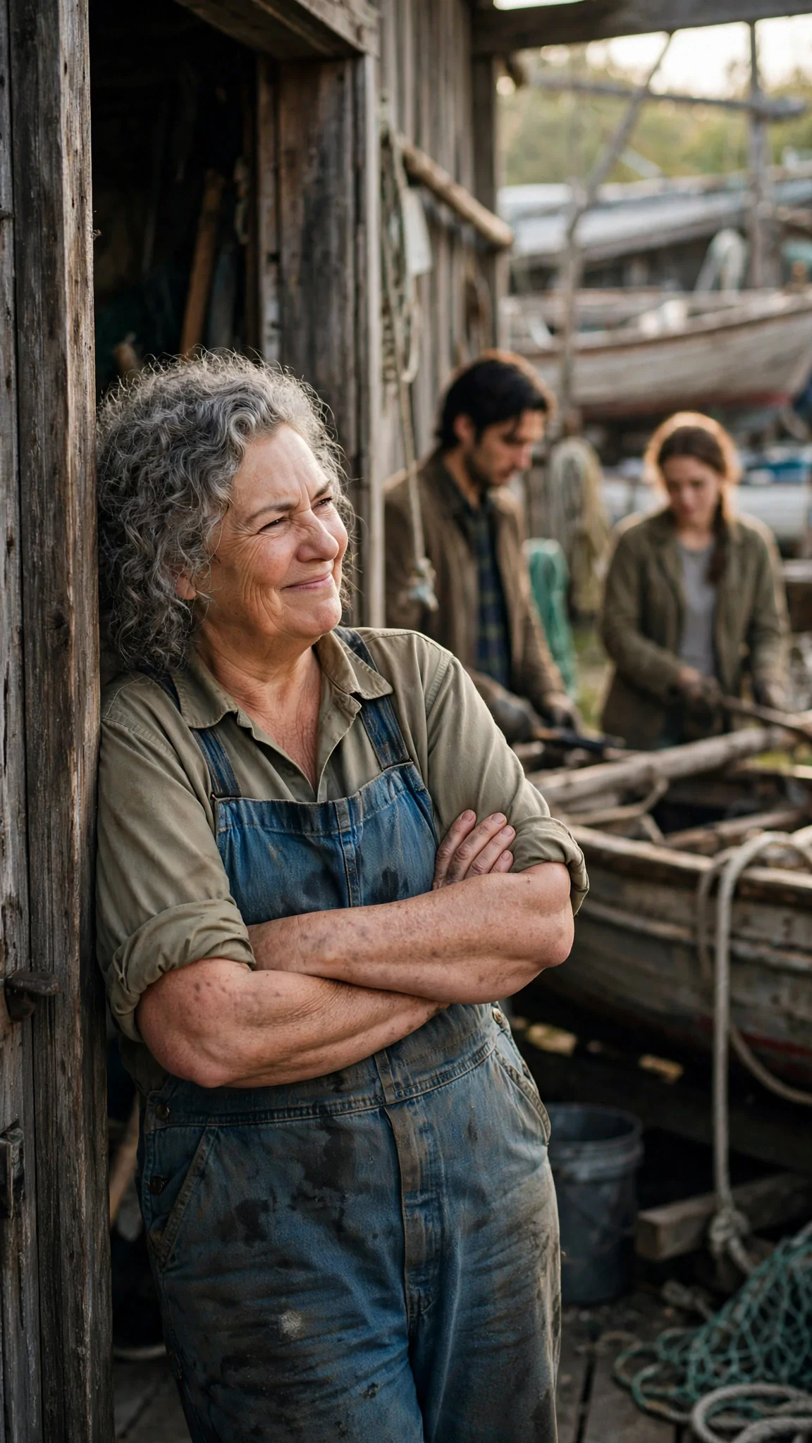 The older woman in overalls watches from the doorway, arms folded, amused.
