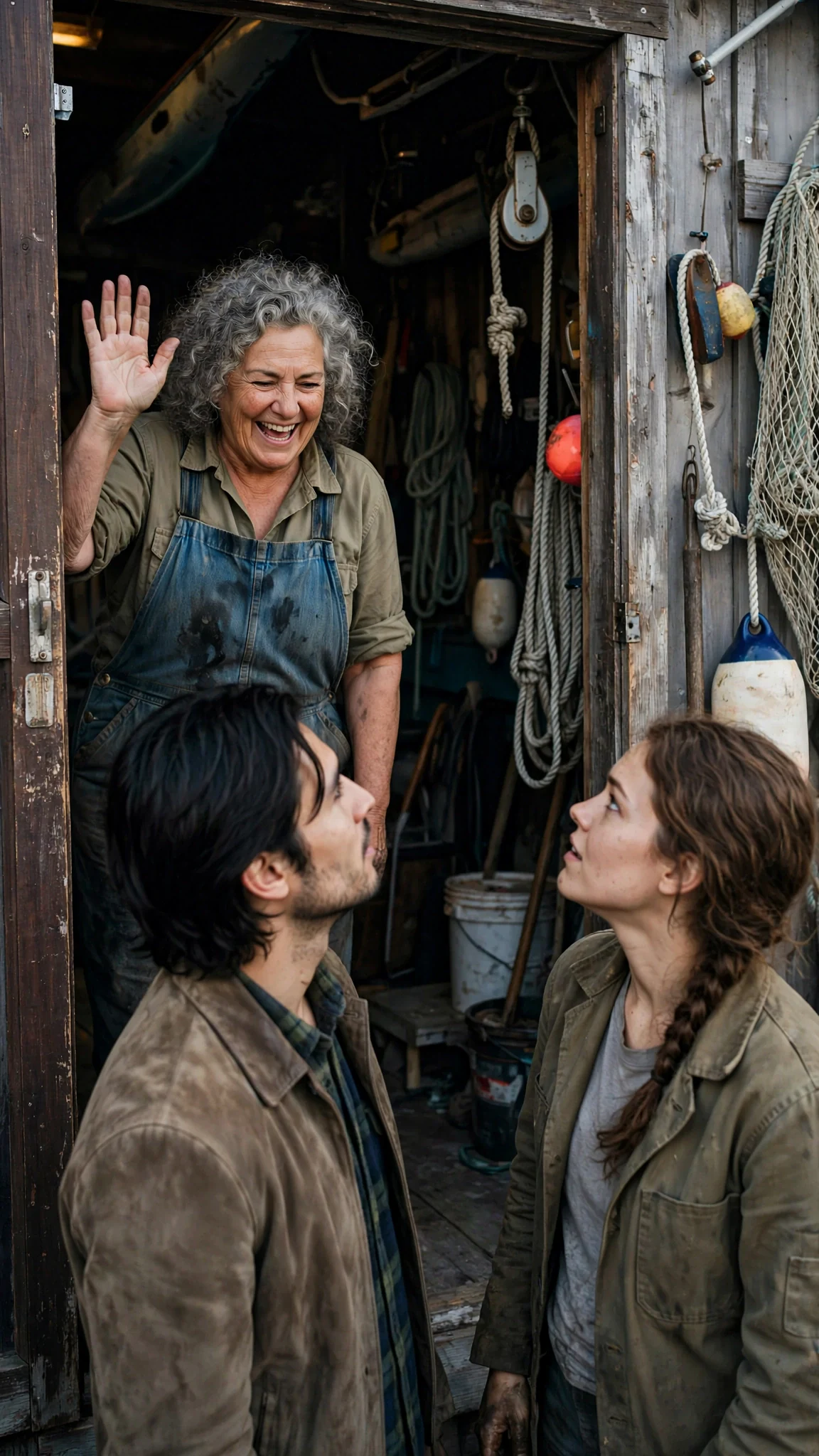 The older woman grins from the doorway.