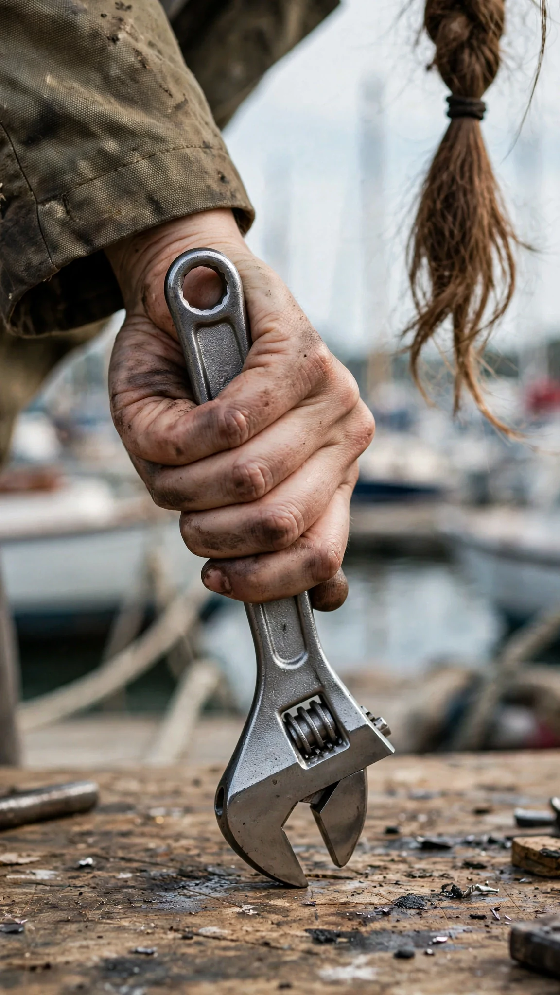 The mechanic's grease-stained hand tightens around a wrench on the bench.