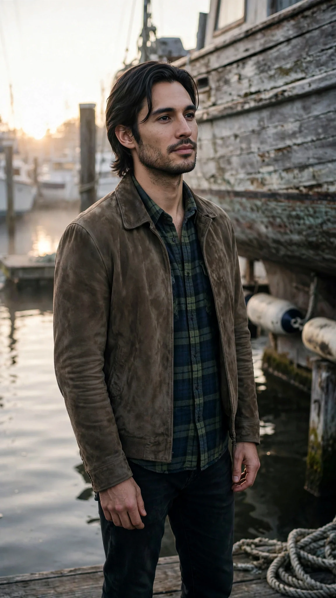The tall man's face softens slightly, sunlight behind him.