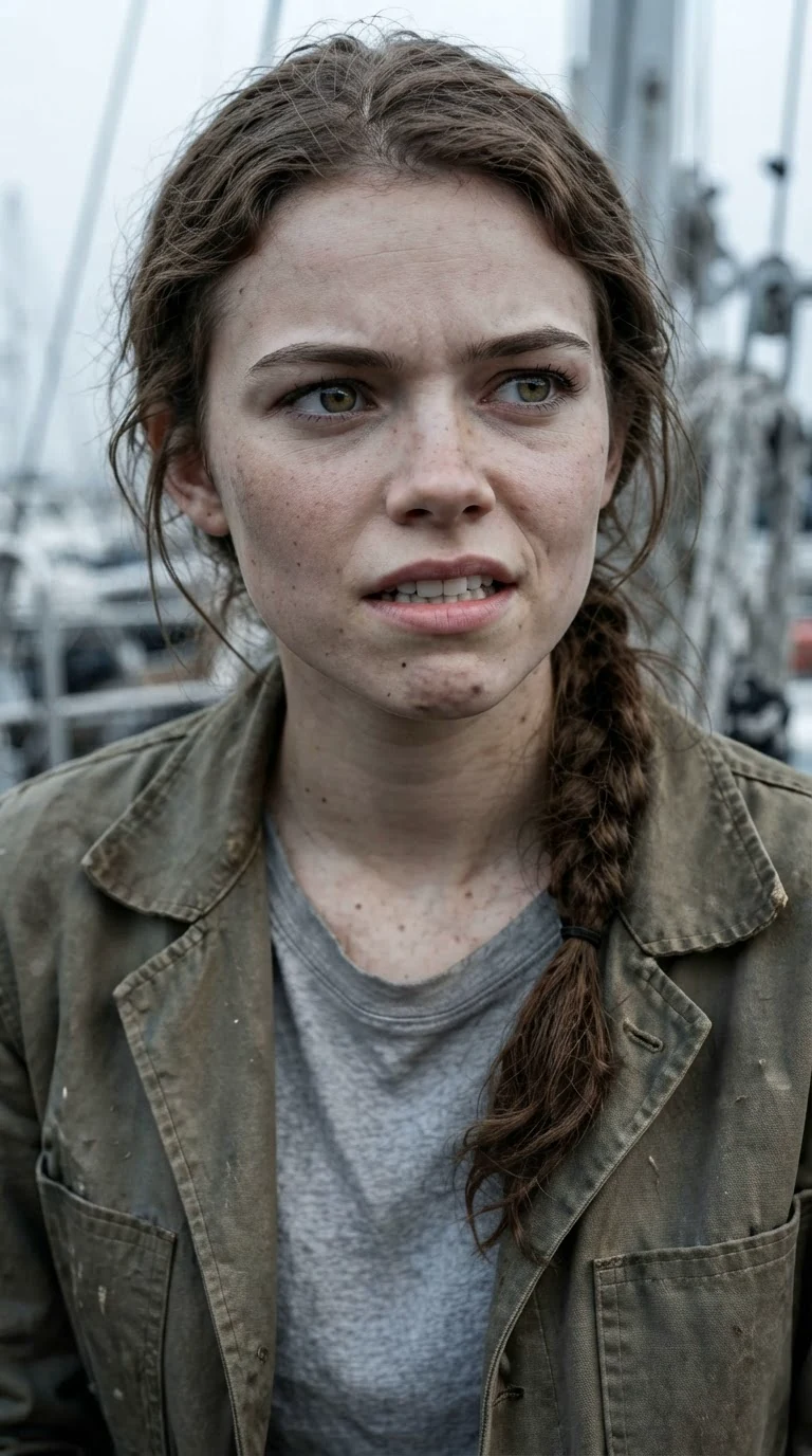 Close on the small mechanic's set face, eyes bright with fear she is hiding.