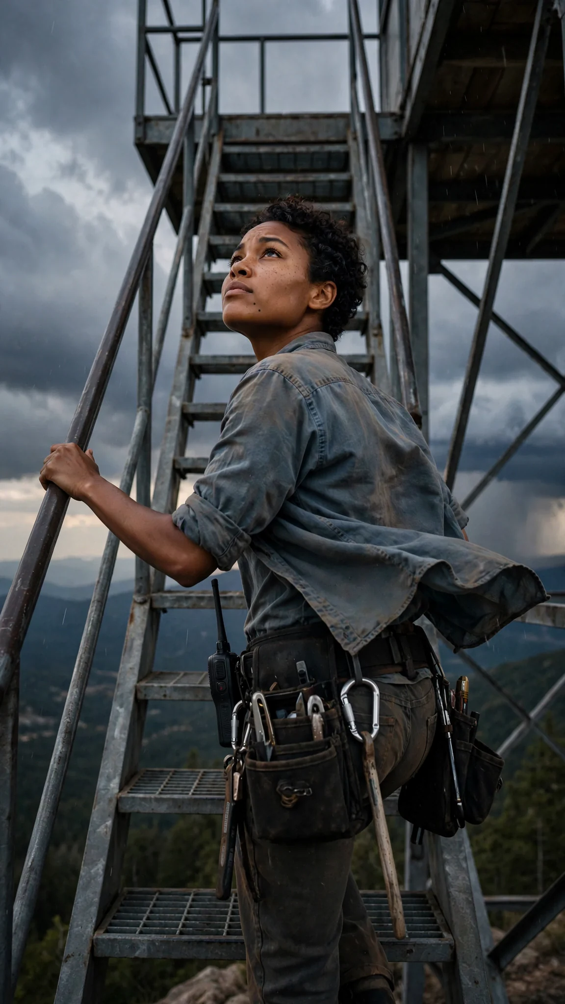 A woman in work clothes climbs the metal stairs of a ridge tower under storm clouds.