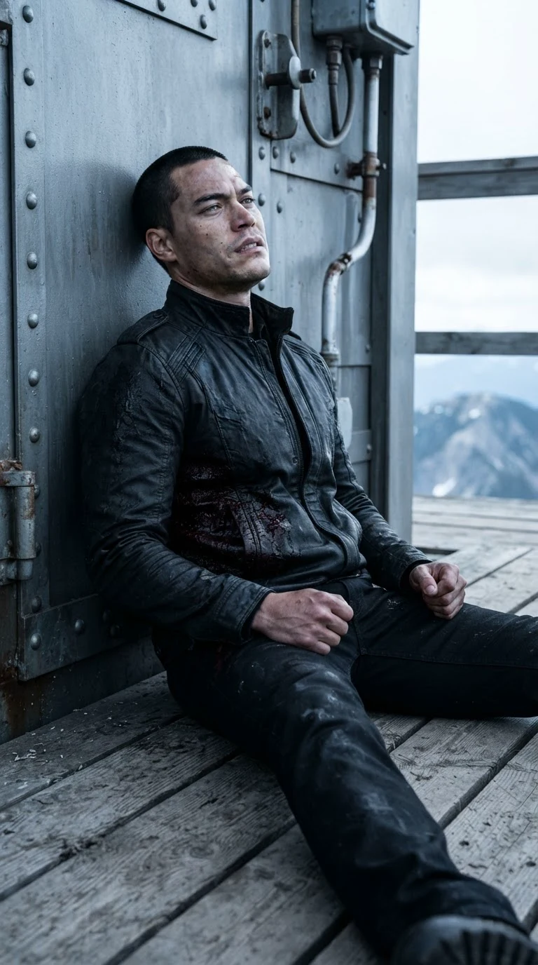 A wounded man in a dark jacket slumps against a tower door.