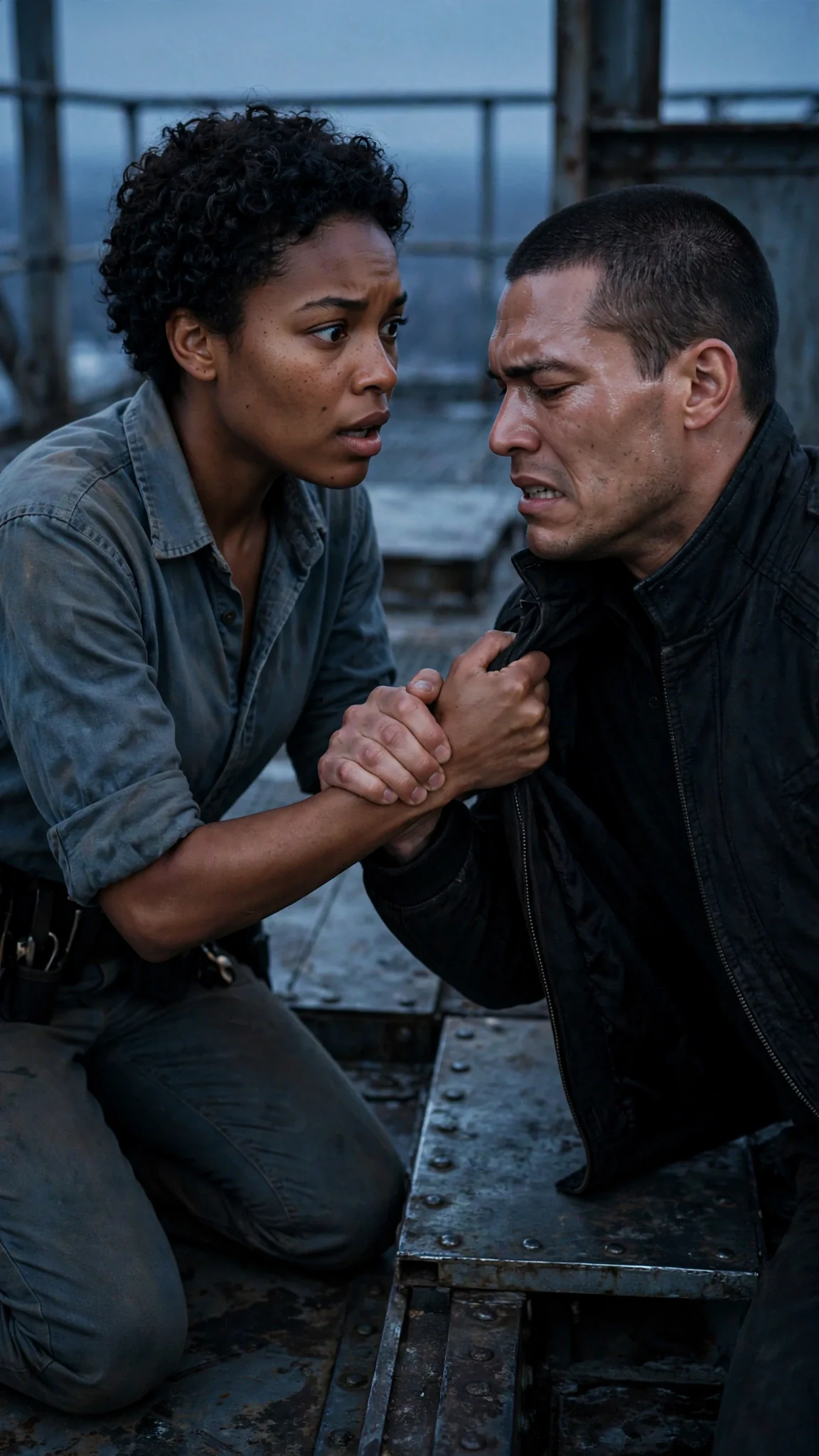 A kneeling woman reaches for a wounded man's jacket while his hand clamps her wrist.