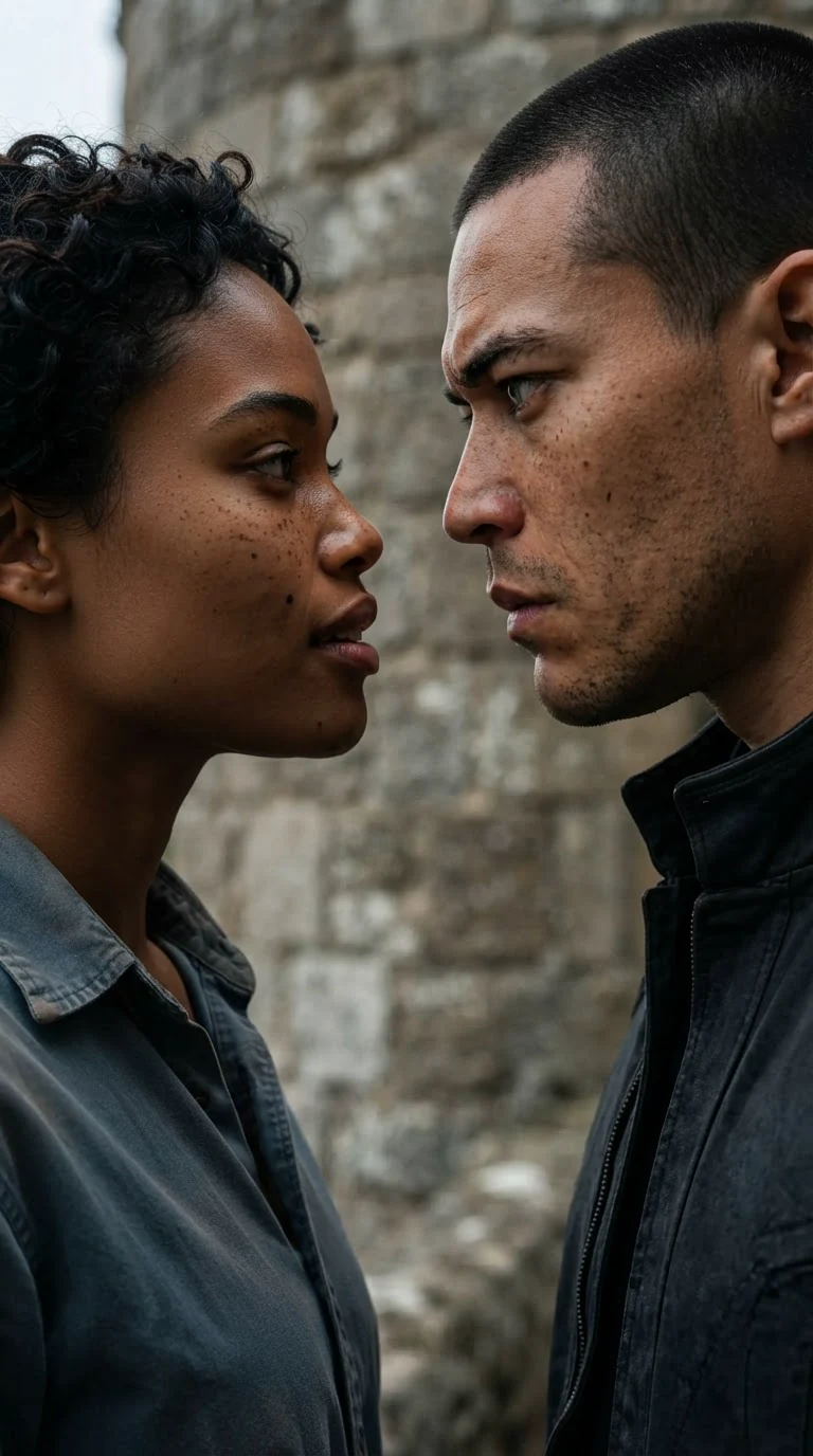 Two faces close together on a tower platform as the air between them changes.