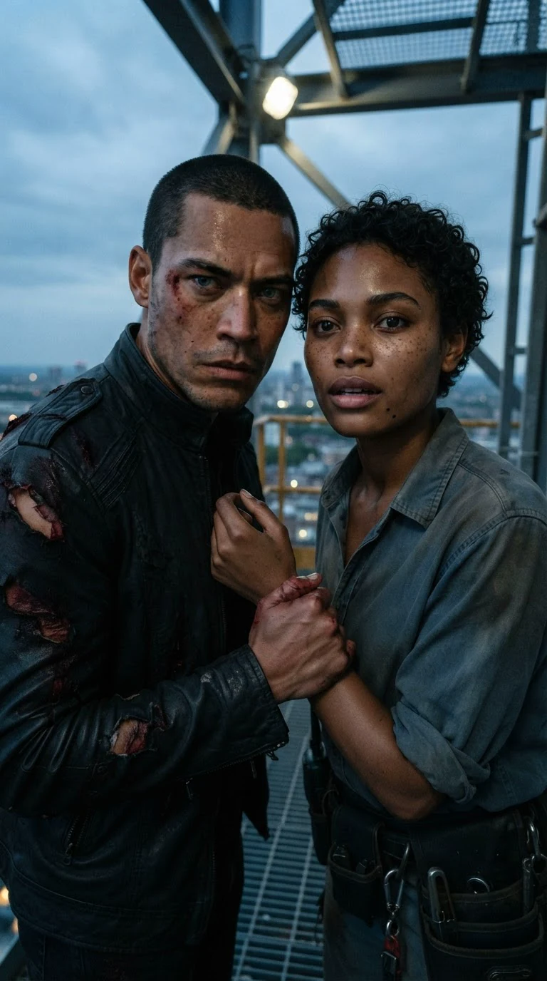 A man grips a woman's wrist on his lap, thumb on her pulse, both faces tense.